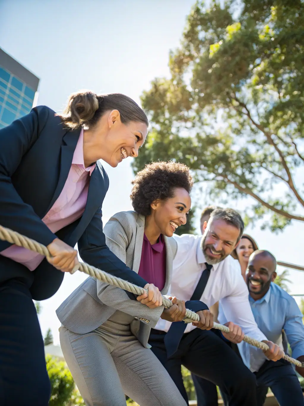 A team participating in a Team Building exercise outdoors, solving a problem together, showcasing collaboration, communication, and camaraderie.