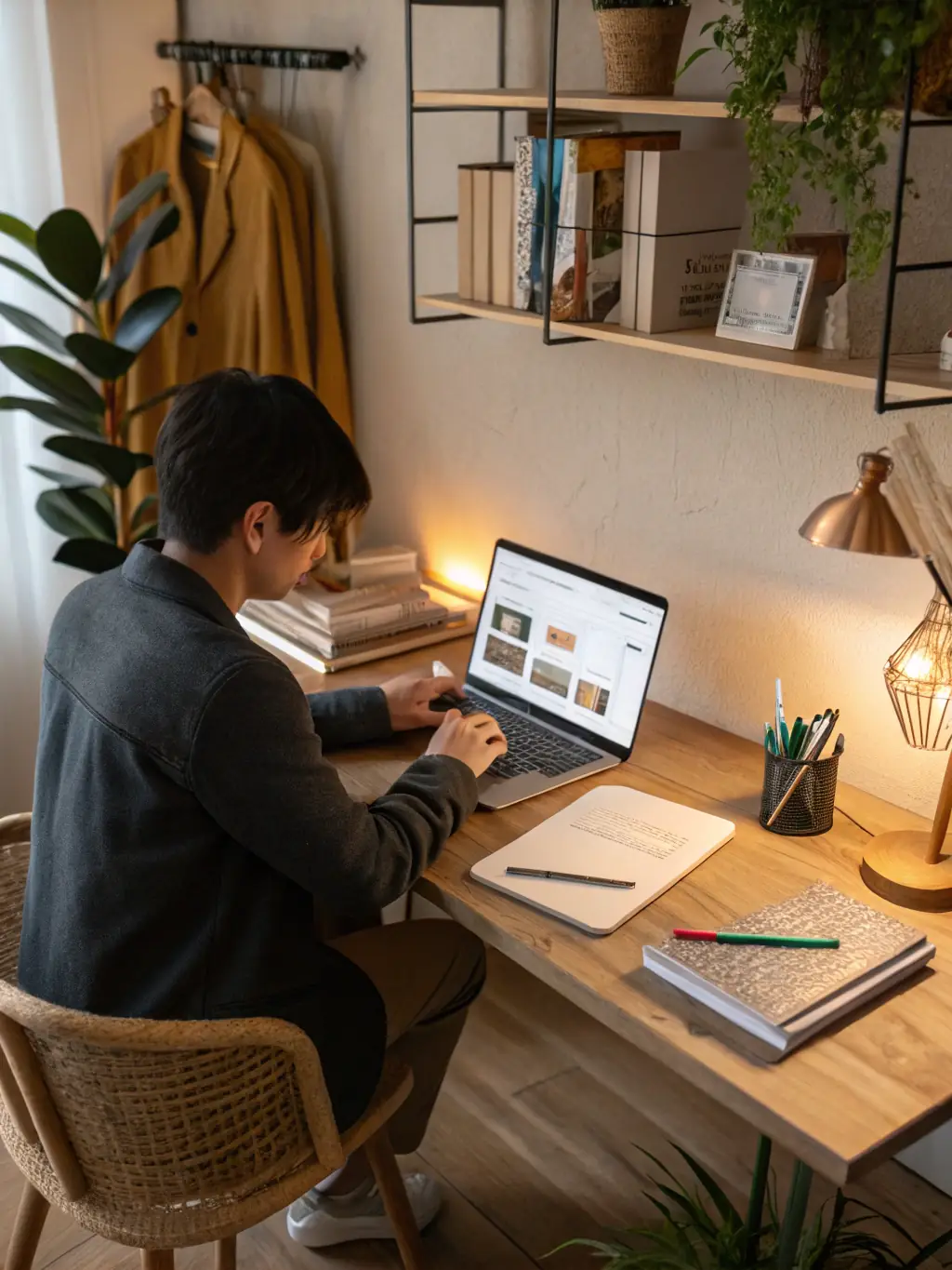 An employee looking relaxed and content while working, illustrating increased employee well-being as a result of stress management and work-life balance training. The background is a comfortable office environment.