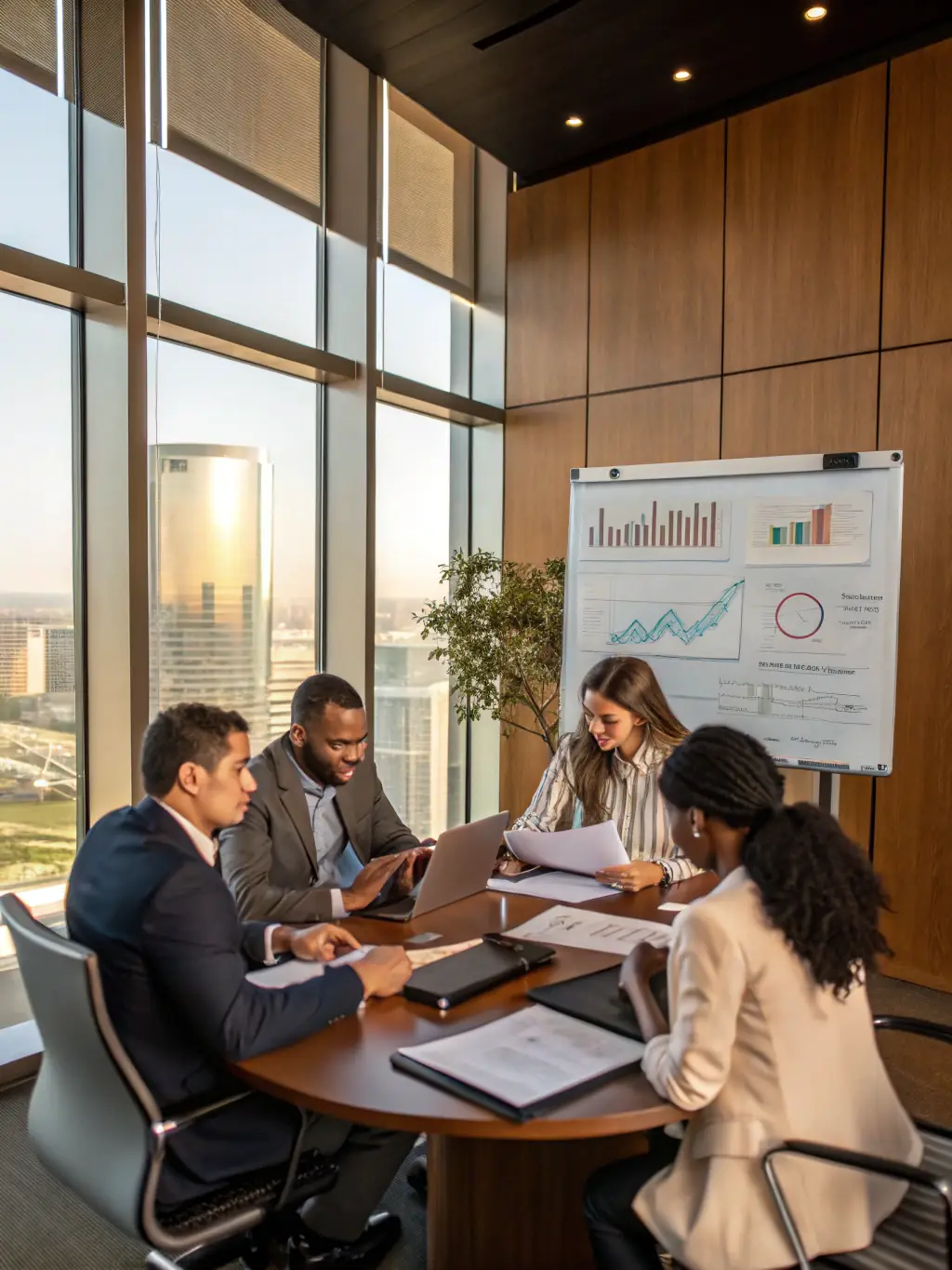 A diverse team collaborating effectively in a modern office setting, showcasing improved team performance after soft skills training. The image should convey a sense of unity and productivity.
