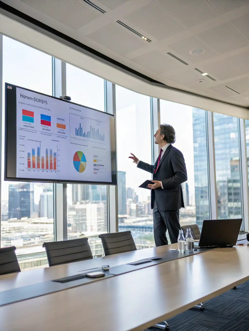 An executive confidently presenting data-driven insights, highlighting improved decision-making skills and strategic thinking abilities.