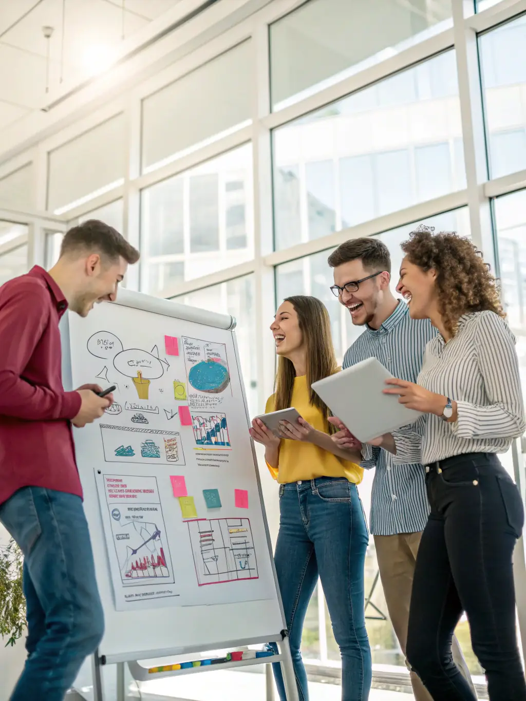 A diverse group of professionals brainstorming ideas in a modern office, showcasing innovation and collaboration.